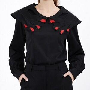 Vivetta Black Hand Collar Blouse | Red Nails Long Sleeve Italian Designer Top 40